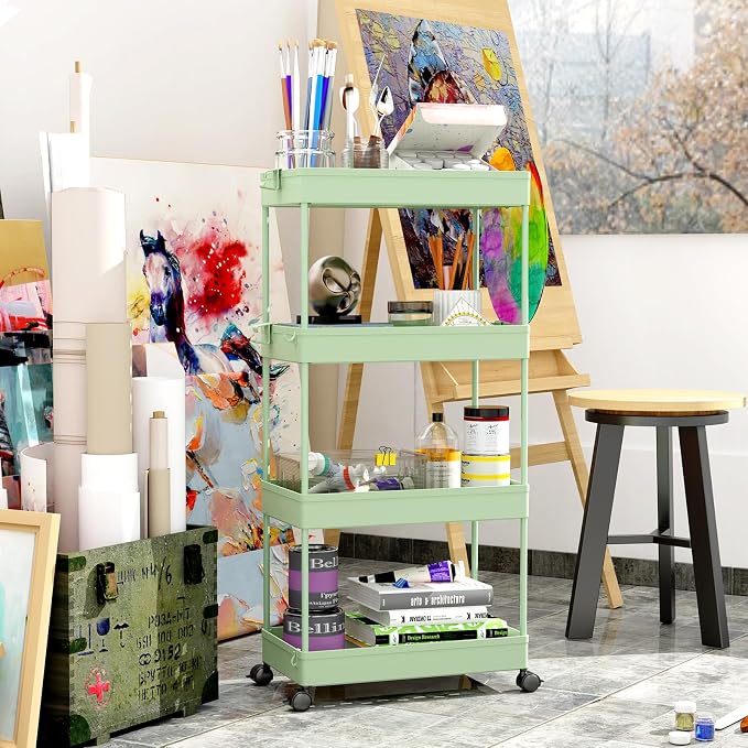 4 Tier Rolling Cart with Wheels, Storage Craft Art Trolley Organizer Serving, 3 Hanging Baskets Easy Assembly, for Office, Living Room, Kitchen