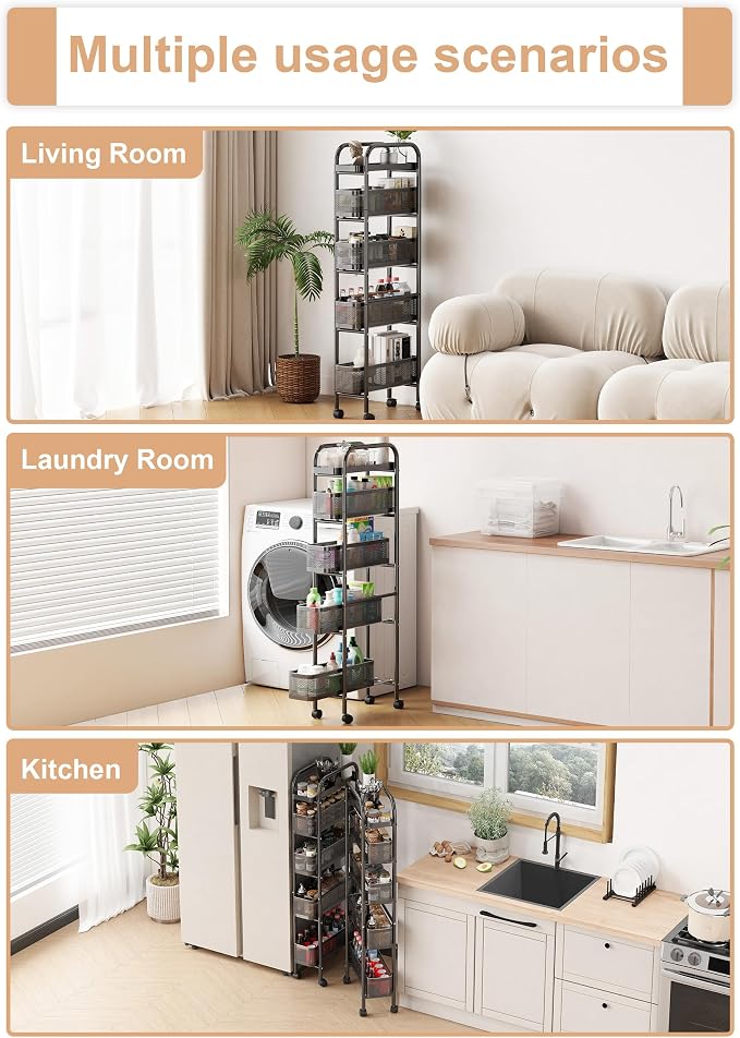 UMDONX 5-Tier Narrow Mobile Storage Cart with Pull-Out Baskets | The Multifunctional Pull-out Storage Rack Is Suitable for Bathrooms, Kitchens, and Laundry Rooms