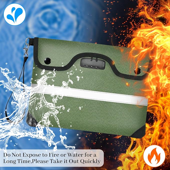 6200°F Fireproof Document Bag with Lock, 11.4 x 8.3 Inch Fire Proof Bag for Documents Storage, Water Resistant Fire Proof Money Bags with Zipper, Fireproof Pouch Cash for Envelope Green