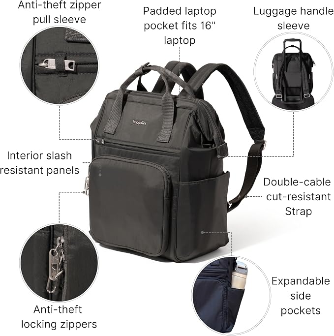 Baggallini Securtex Anti-Theft Windsor Backpack for Travel, Work & College, RFID & Locking Zipper, Up to 16" Laptop