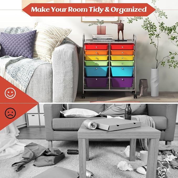 12 Drawer Rolling Storage Cart, Craft Cart Organizer on Wheels w/Metal Frame, Large Capacity & Smooth Drawer, Rolling Cart w/Drawers for Classroom, Office