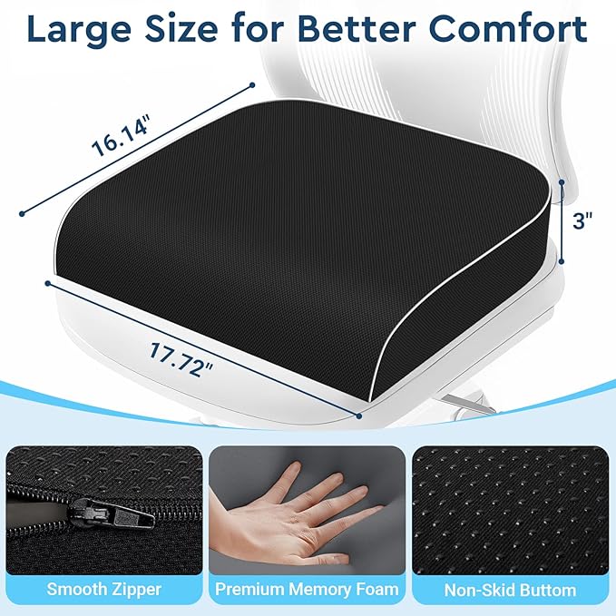 Seat Cushion, Memory Foam Office Chair Cushions for Long Sitting Hours, Chair Pad for Sciatica, Coccyx, Tailbone, Hip Pain & Pressure Relief, Office, Home, Car Seats, Airplane, Black/Large
