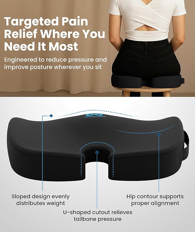 Everlasting Comfort Doctor Recommended Memory Foam Seat Cushion for Office Chairs & Car - Ergonomic Office Desk Accessories - Cushions for Tailbone Pain Relief, Sciatica (Black Cooling, Large)