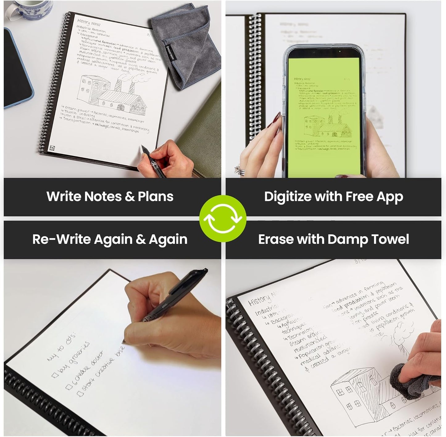 Rocketbook Fusion Reusable Undated Productivity Planner, Executive Size 6x8.8, Black - Goals, Monthly and Weekly Calendar, Daily To-do List, Lined and Dotted Notes Pages