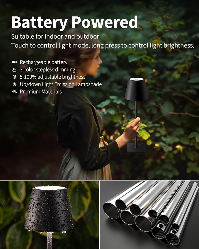 KDG 2 Pack Cordless Black Table Lamps, Rechargeable Portable LED Desk Lamps | 5000mAh Battery Operated 3 Color Stepless Dimming Up for Restaurant, Bedroom, Outdoor Party, Camping, Coffee Shop, Nightlight