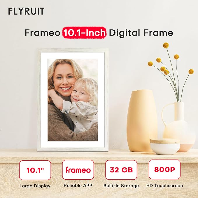 Frameo 10.1" Digital Picture Frame WiFi Wood, 1280 * 800 IPS HD Touchscreen, 32GB Storage, Instant Share Photo Video, Gifts for Mom, House Warming