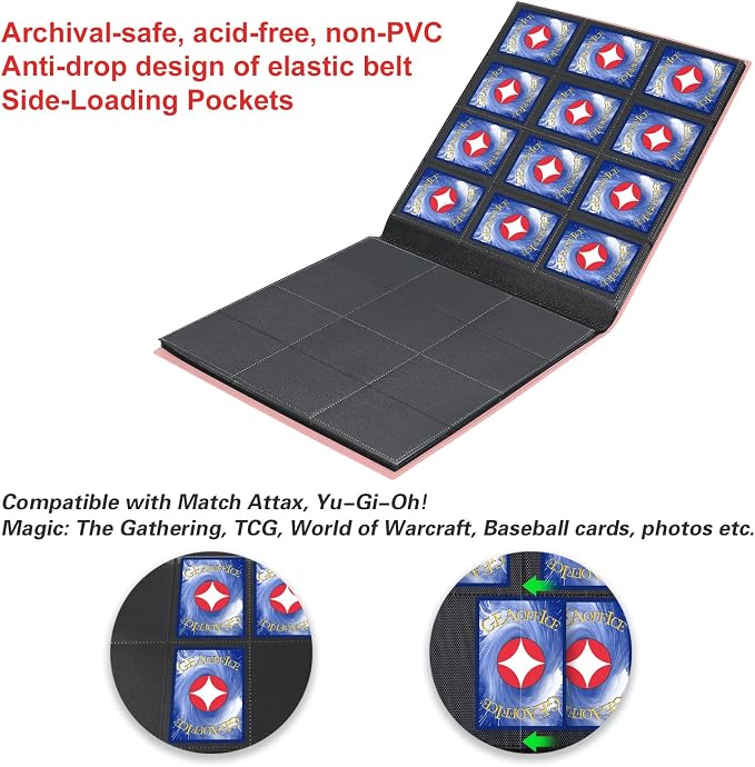 GEAoffice Trading Card Binder, 12 Pockets Card Album Folder Holder, 624 Side Loading Pocket Collection Binder for Yugioh, MTG, Sports & Games Cards, Pink
