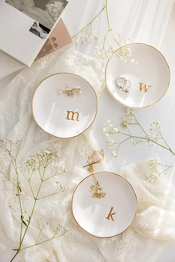 COLLECTIVE HOME Ceramic Jewelry Tray, Trinket Dish, Gifts for Women (D) | Mother's Day, Birthday, Christmas, Engagement Gifts, Vanity, Nightstand Decor, Embossed Gold Monogram Ring Dish with Gift Box