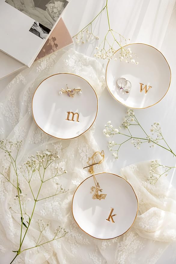 COLLECTIVE HOME Ceramic Jewelry Tray, Trinket Dish, Gifts for Women (B) | Mother's Day, Birthday, Christmas, Engagement Gifts, Vanity, Nightstand Decor, Embossed Gold Monogram Ring Dish with Gift Box