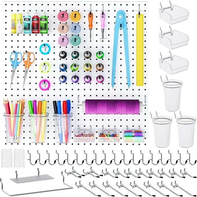 INCLY 70PCS Metal Peg Board Kit with 1/4" Pegboard Accessories | 4 Pack Panels, Bins, Cups and Peg Board Hooks, Paper Towel Holder, Pegboard Wall Organizer, For Craft Room, Office, Sewing