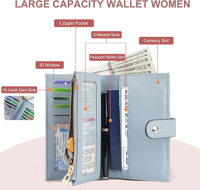 Womens Wallet RFID Blocking Vegan Leather Trifold Clutch Credit Card Holder Ladies Travel Wallet Purse with Passport/Pen Holder
