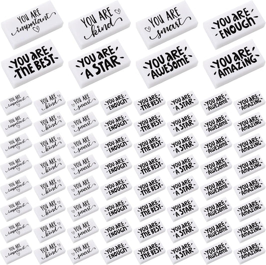 PerKoop 50 Pcs Back to School Inspirational Small Pencil Erasers Bulk for Kids, White Cute Fun Motivational Erasers Gifts for Teachers Students Classroom Reward First Day of School Supplies