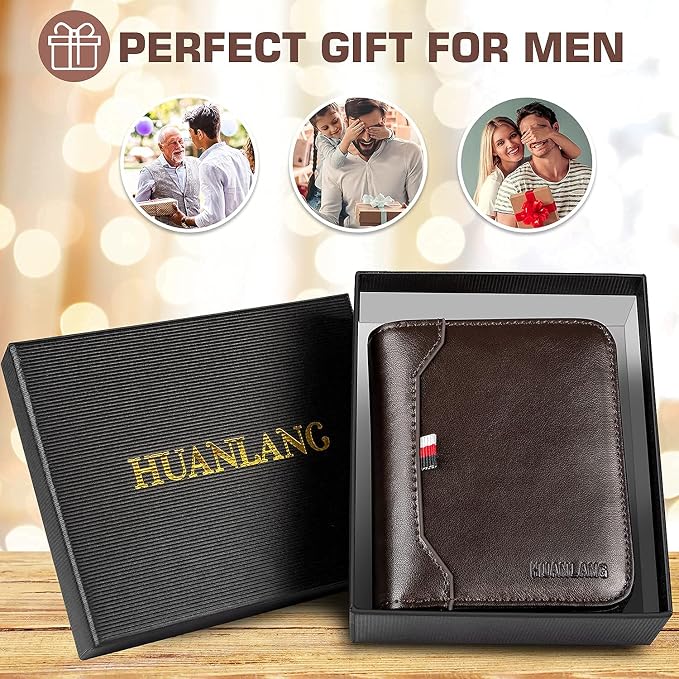 HUANLANG Mens Wallet RFID Blocking Multi Card Holder Wallets for Men Bifold Wallet with Zipper Small Men's Leather Wallet