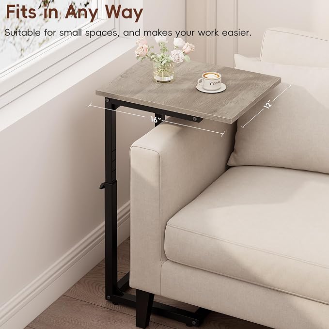 C-Shaped End Table, 33" Tall C Table Adjustable Height Side Table, Small Couch Table with Metal Frame, Slide Under Sofa TV Tray for Living Room, Bedroom, Bedside, Small Spaces, Gray