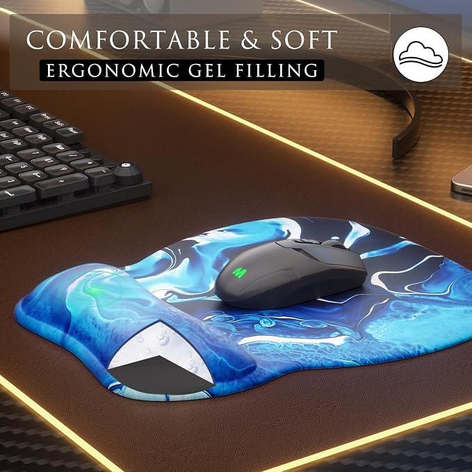 MROCO Ergonomic Mouse Pad with Gel Wrist Rest, 9.4 x 8.1 in, Blue Waves | Ergonomic Shape Design, Multiple Pattern Options, Gel Wrist Comfort, Smooth Lycra Surface, Non-Slip PU Base