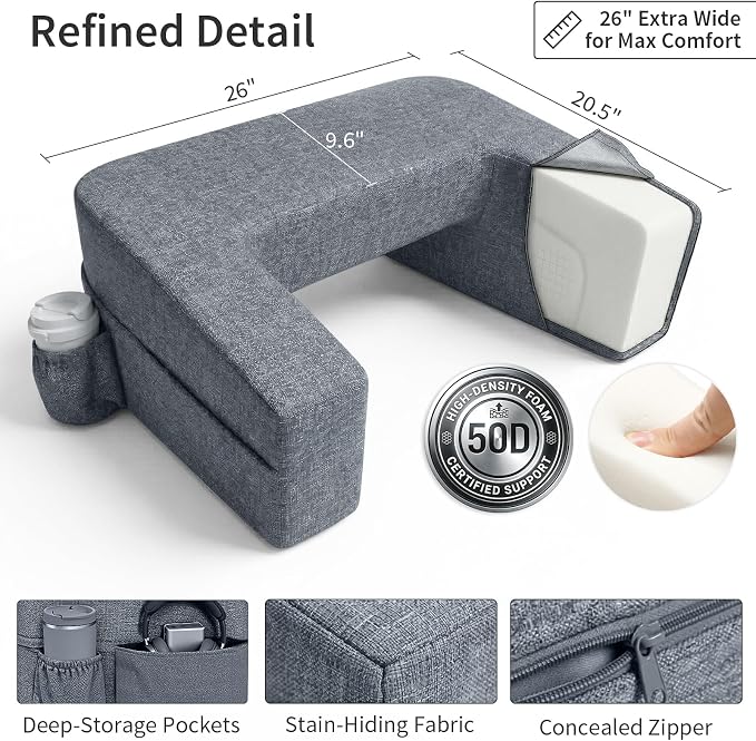 Septsun 26" Extra Wide Lap Desk Pillow, Laptop Desk for Couch and Bed | Modern Gray Large Soft Foam Workstation with Ergonomic Armrest Elbow Relief; Mouse-ready Fabric, Cup Holder, Sofa Gaming