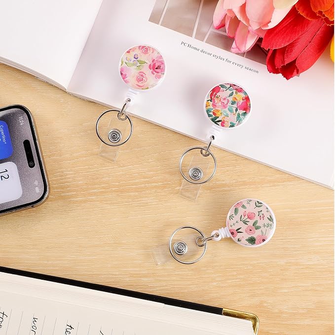 BESARME 3 Pack Badge Reels Retractable Badge Clip with Key Ring Retractable Badge Holders for Office Worker Teacher Nurse Student（Flower03）
