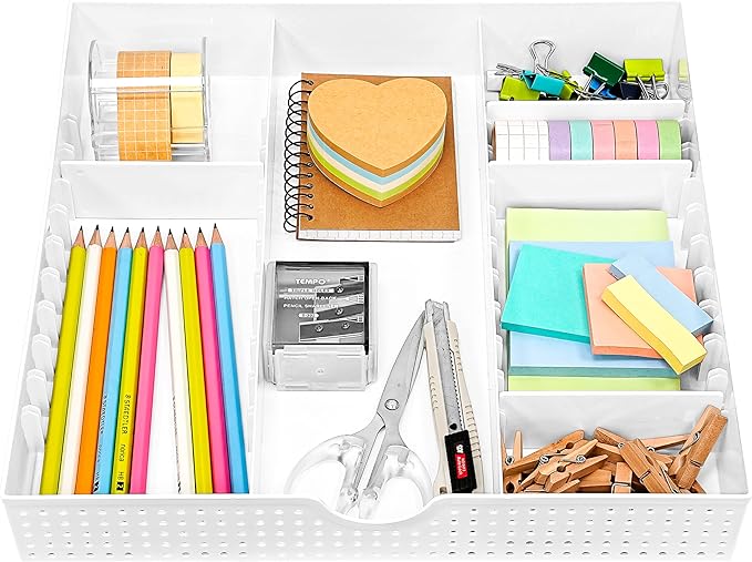 CAXXA 3 Slot Drawer Organizer with 4 Adjustable Dividers - Junk Drawer Storage for Makeup & Vanity, Office Desk Supplies and Accessories (WHITE, 1 PACK)