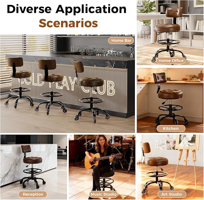 Office Drafting Chair with Footrest, Tall Height Adjustable Stool with Back Support, Heavy Duty Rolling Stool Chair with Wheels for Office Home Kitchen Bar Shop Guitar Studio Vanity, Brown