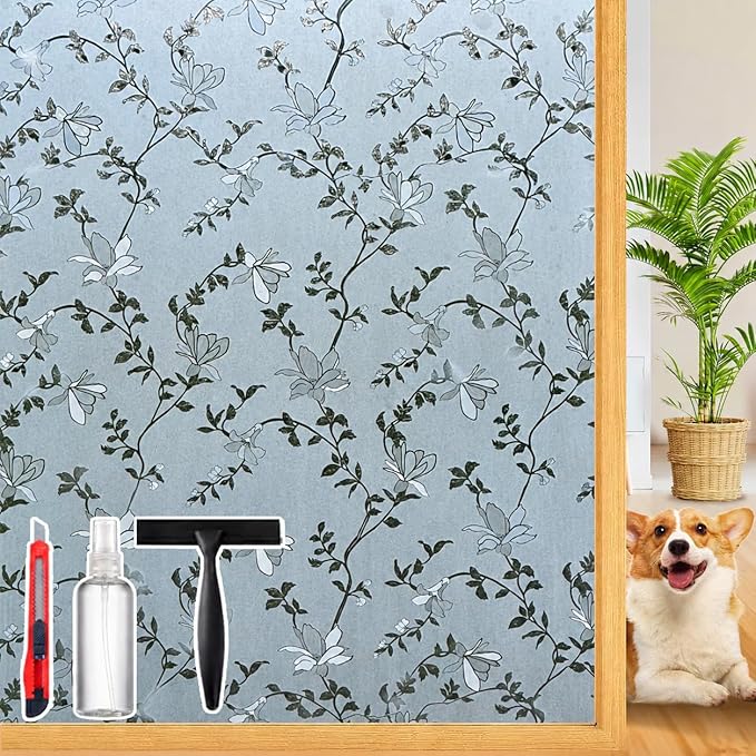 Frosted Glass Window Film with Elegant Flower Design, Bathroom Window Privacy Film for Glass Windows Cover, Static Cling, Removable, Reusable, Anti-UV, Anti-Glare, 35.4 Inch * 157.4 Inch