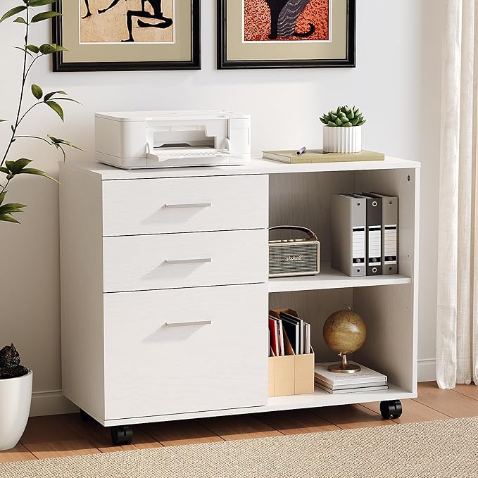 VINGLI 3 Drawer Wood Lateral File Cabinet with Adjustable Shelves & Locking Wheels, Printer Stand with Drawers for Letter Size Files, Sturdy White File Cabinets for Home Office, Study & Business