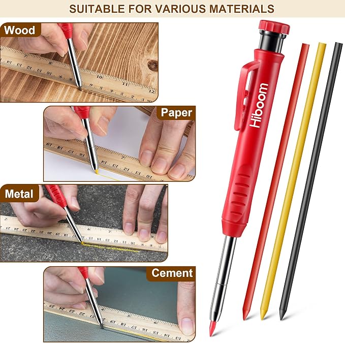 Hiboom 2 Pack Carpenter Pencils with Pencil Cap and 18 Refills, Red | Mechanical Pencil, Deep Hole Marking, Built-In Sharpener, Long Nose Tip, Pocket Clip, Marks Many Surfaces, Woodworking Use