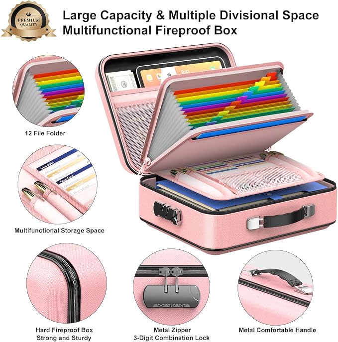 Fireproof Document Organizer with Lock, Hard Fireproof Document Box | Hard-Shell Fireproof Waterproof Document Box with Combination Lock Pink