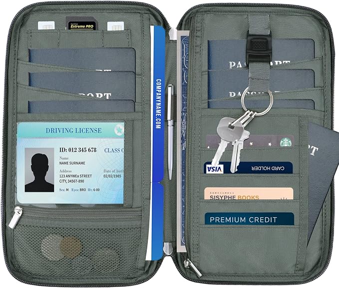 WALNEW Passport Holder for Travel Family, RFID Blocking Passport Wallet | International Travel Essentials, Travel Document Holder with Wristlet and Cross Body Straps, Fits 7 Passports for Family