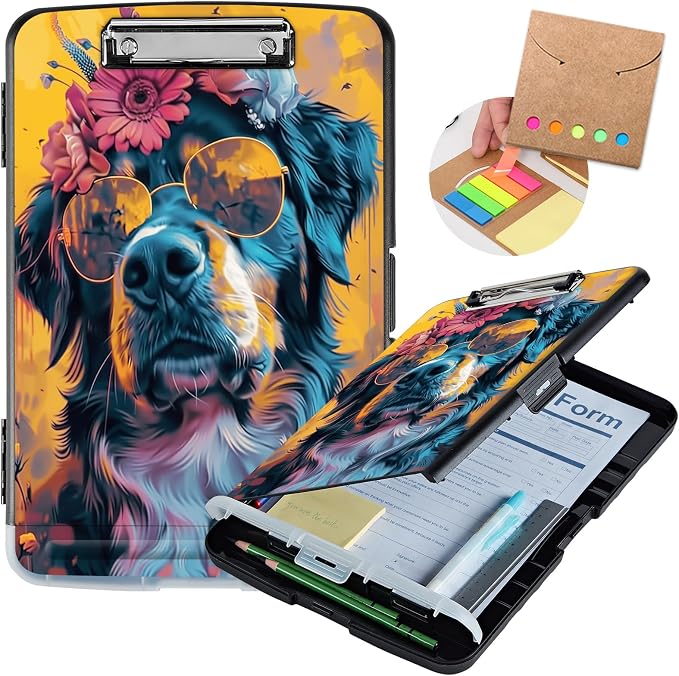 Clipboard with Storage,Storage Clipboard with Pen Holder,Heavy Duty Plastic Storage Clipboard with Low Profile Clip,Teacher Must Haves,Clipboard Folder,Office Supplies,Dog and Floral -1330
