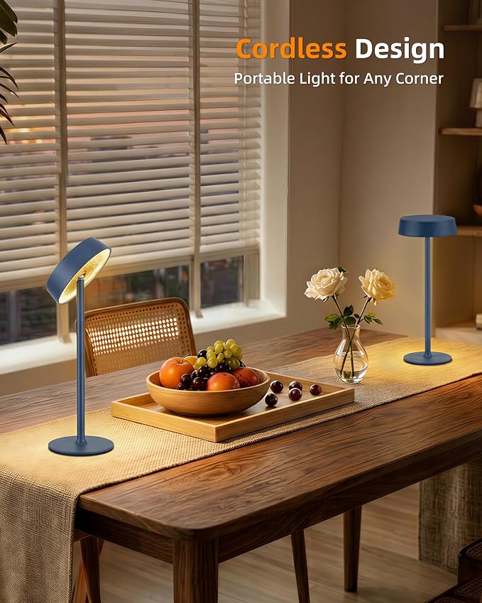 EZVALO Cordless Lamp, Rechargeable Table Lamp, Battery Operated | Portable Outdoor Waterproof, 3 Color Temps RGB, Dimmable Touch Control, LED Memory Function, Restaurant Dining Patio Blue2Pcs