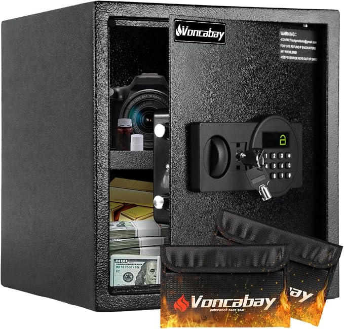 Voncabay Money Safe Box for Home with Digital Keypad, 1.5 Cu. Ft., Black | Alloy Steel, 2 Fireproof Bags, Digital Keypad with Display, Removable Shelf, Alarm System, 14 x 13 x 13 In.