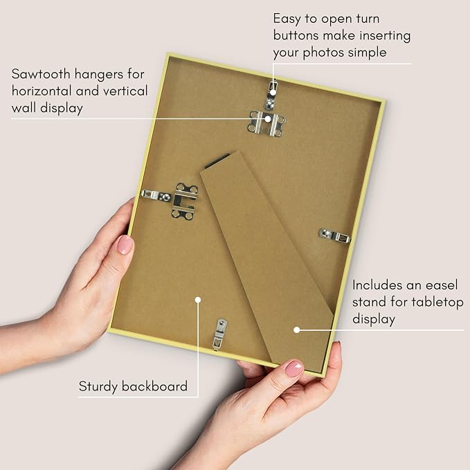 Americanflat 8.5x11 Picture Frame with Shatter-Resistant Glass - Streamline Collection - Thin Border Photo Frame for Tabletop and Wall Display - Hanging Hardware and Easel Stand Included - Gold