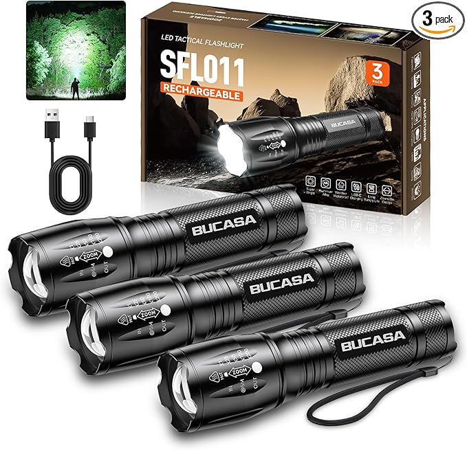 BUCASA Rechargeable Flashlights High Lumens 3 Pack, Brighter Small Flashlight Powerful Tactical Flashlights Rechargeable, Waterproof LED Flashlight with 3 Modes Zoomable for Camping Emergency