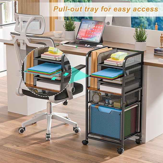 Feyejade 6-Tier Rolling File Cart Multi Mobile Drawer Cabinet Black | File cabinet organizer with wheels, letter size filing storage cart, home office hanging folder storage for teacher