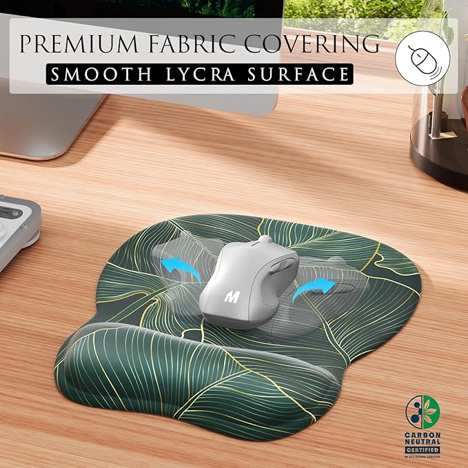 MROCO Ergonomic Mouse Pad with Gel Wrist Rest, 9.4 x 8.1 in, Green Leaves | Ergonomic Shape Design, Multiple Pattern Options, Gel Wrist Comfort, Smooth Lycra Surface, Non-Slip PU Base