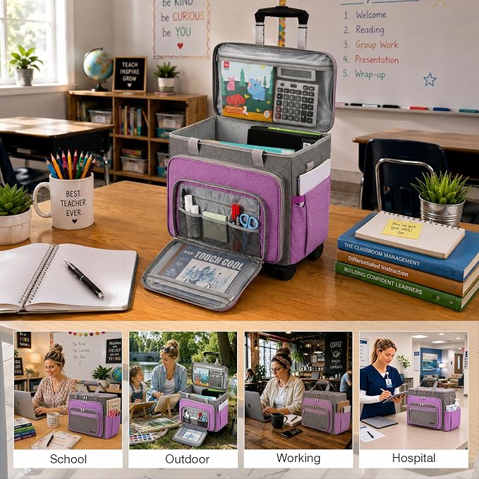 Rolling Teacher Bag With Wheels, Tote Organizer With Detachable Trolley