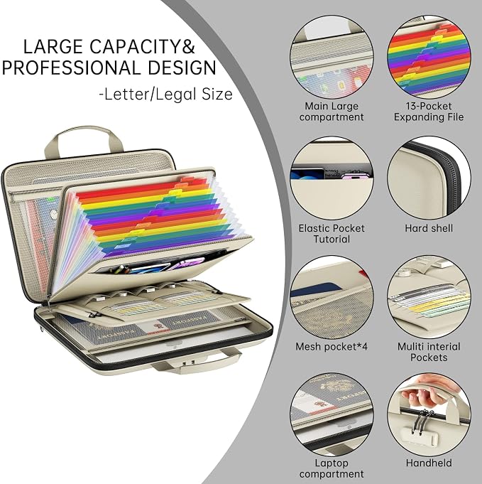 Fireproof File Organizer with Lock, Hard-Shell Document Box, Beige | Water Resistant, 13-Pocket Expanding Folder, Portable Safe Storage for Letter Legal Files, Laptop, Valuables, Large Capacity