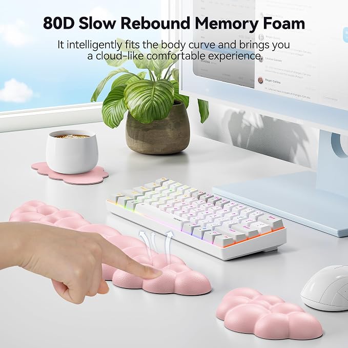 TECKNET Cloud Keyboard Wrist Rest Set, Cloud Wrist Rest with Non-Slip Base, PU Leather Wrist Pad for Keyboard with Ergonomic Memory Foam for Computer Laptop Office Gaming and Pain Relief, Light Pink