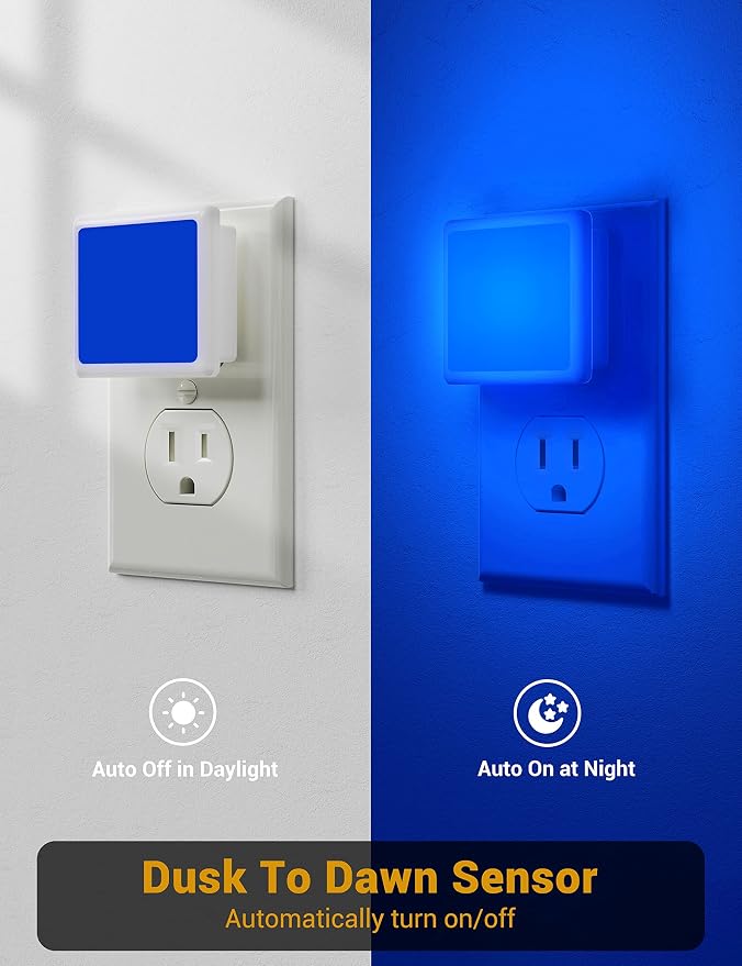 Blue Night Light,JandCase Blue Nightlight[2 Pack],0.3 Watt LED Night Light with Dusk-to-Dawn Light Sensor,Plug in Nitelight for Gaming Room,Bedroom,Corridor,Hallway,Non-dimmable