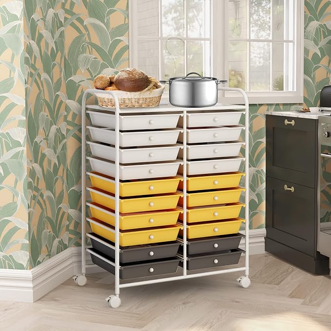 COSTWAY 20-Drawer Rolling Storage Cart, Utility Storage Organizer Cart | For Tools, Scrapbook, Paper, Craft, Multipurpose Storage Trolley on Wheels for Home Office School (Yellow, Beige & Grey)