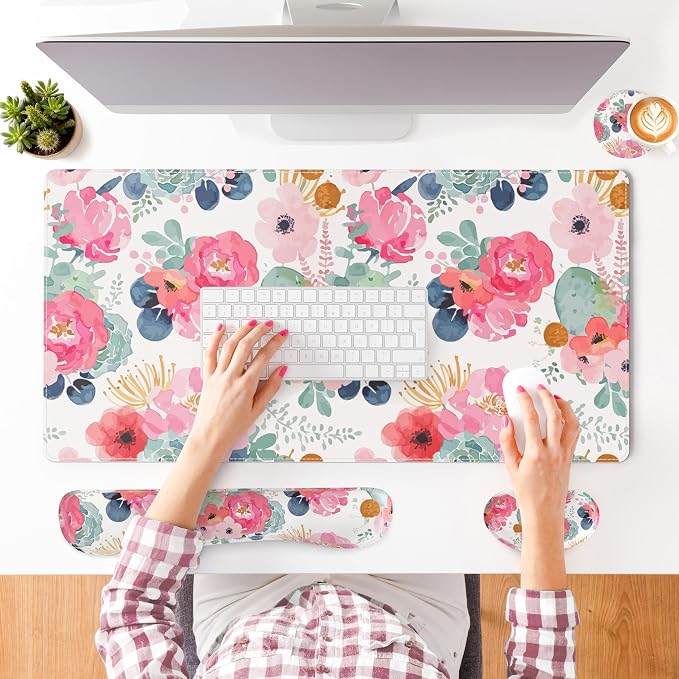 QIYI PU Leather Desk Mat Set, 4-in-1 Ergonomic Wrist Rest, Pink Flowers | Waterproof Large Mouse Pad 31.5×15.7 + Keyboard Wrist Rest + Mouse Wrist Support+Coaster, Non-Slip Office Gaming Accessories