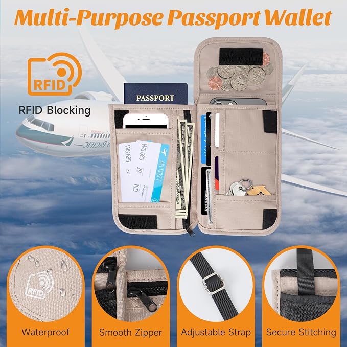 Neck Wallet & RFID Blocking Passport Holder for Travel – Waterproof Hidden Travel Wallet with Card Slots, Adjustable Strap, Portable Document Organizer for Men, Women (Gift) Khaki