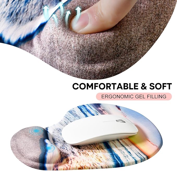 JIKIOU Ergonomic Mouse Pad with Gel Wrist Rest 2 Pack, Portable Small Beach | Upgraded-Prevent Gel Leakage, Ergonomic Design for Pain Relief, Cooling Gel filled, Smooth Lycra Surface, Non-Slip PU Base