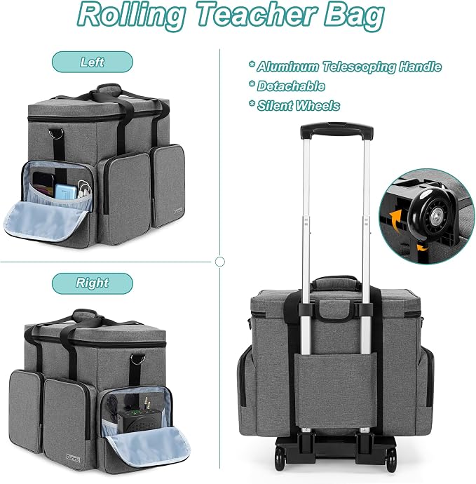 Rolling Teacher Tote Bag with 2 Detachable Pouches for Work, Gray | Wheeled Teacher Uility Bag with 15.6" Padded Laptop Sleeve, Large Briefcase with Detachable Trolley for Women