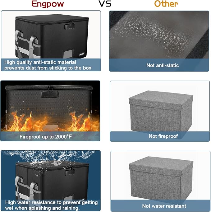 ENGPOW Fireproof File Box with Lock, Document Storage Organizer Box with Inserts and Mesh Pockets