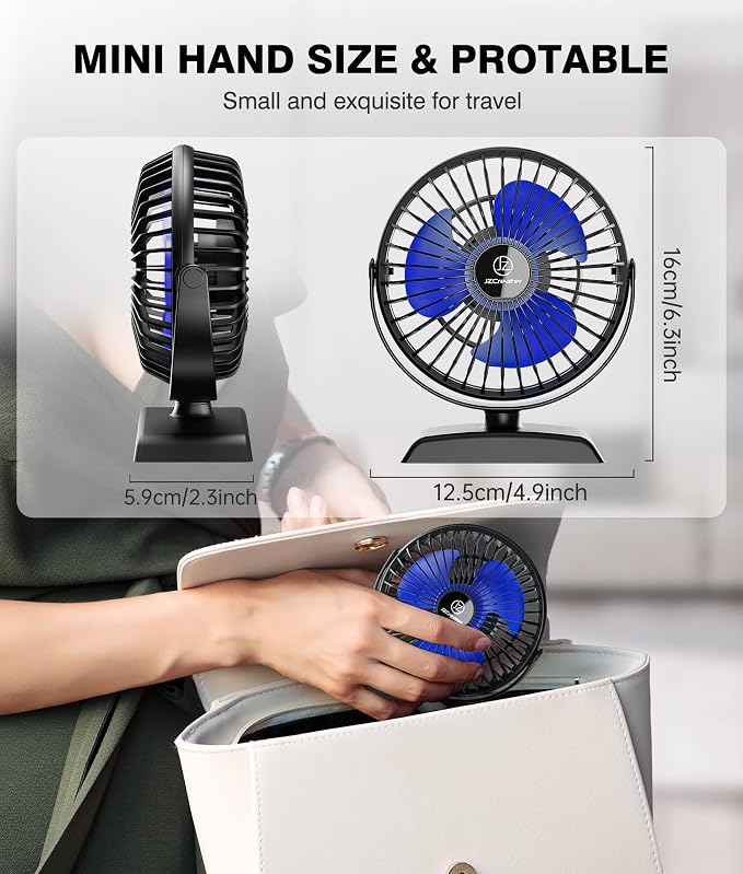 JZCreater USB Desk Fan, 360 Rotation Personal Cooling Fan with 3 Speeds, Quiet, Small, USB Powered for Home, Office, Bedroom, Car, Travel, Black