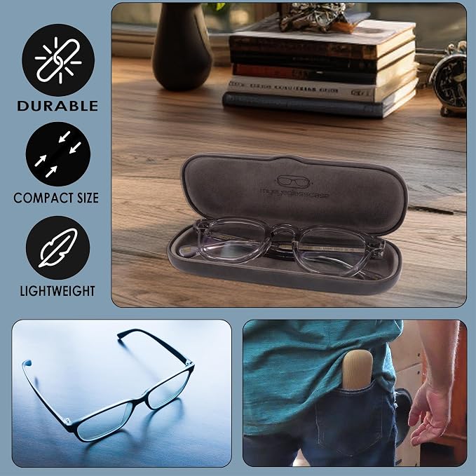 MyEyeglassCase Men Small Glasses case - Eyeglasses Hard Shell Holder Pouch & Cloth-Reading Slim & Narrow Case Heavy Duty