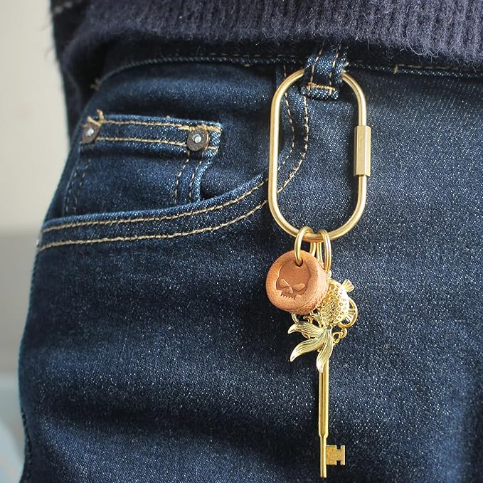 Carabiner Keychain Clip with Lock, Gold Key Chain Rings, Purse Bag Charms | Durable Carabiner for Keys, Brass Screw Lock Key Holder, Anti-Lost Oval Keyring Clip, Large Capacity Key Holder for Handbag