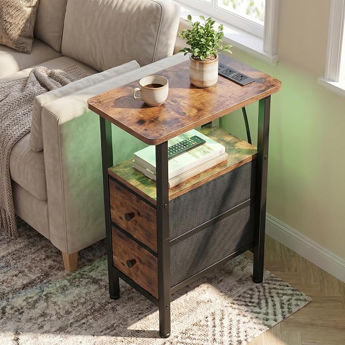 Narrow End Table with Charging Station, Small Nightstand | Skinny Side Tables Living Room with 2 Fabric Drawers, Bedside Table with LED Lights for Bedroom, Small Spaces, Rustic Brown