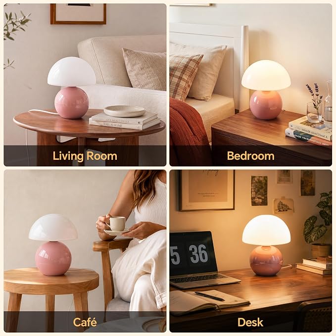 Mushroom Lamp Table Lamp for Bedroom-Small Desk Table Lamps,Pink | 8.7" Mid Century Modern Table Lamps for Living Room Bedroom Decor,Cute Ceramic Lamps for Mushroom Home Room Decor,Glass Shade